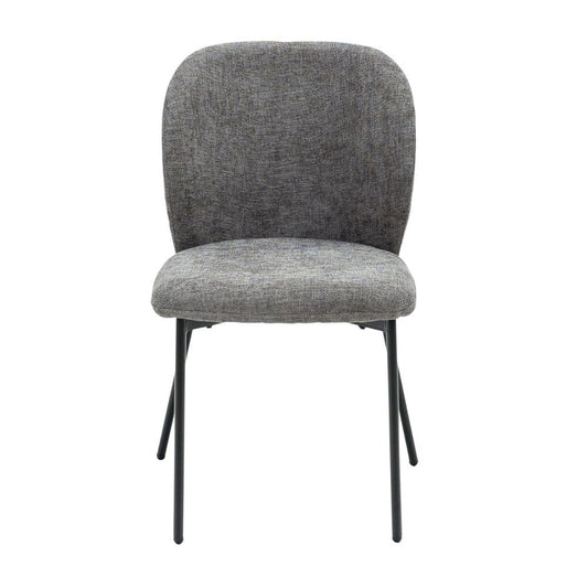 Grey upholstered chair with black legs on a white background