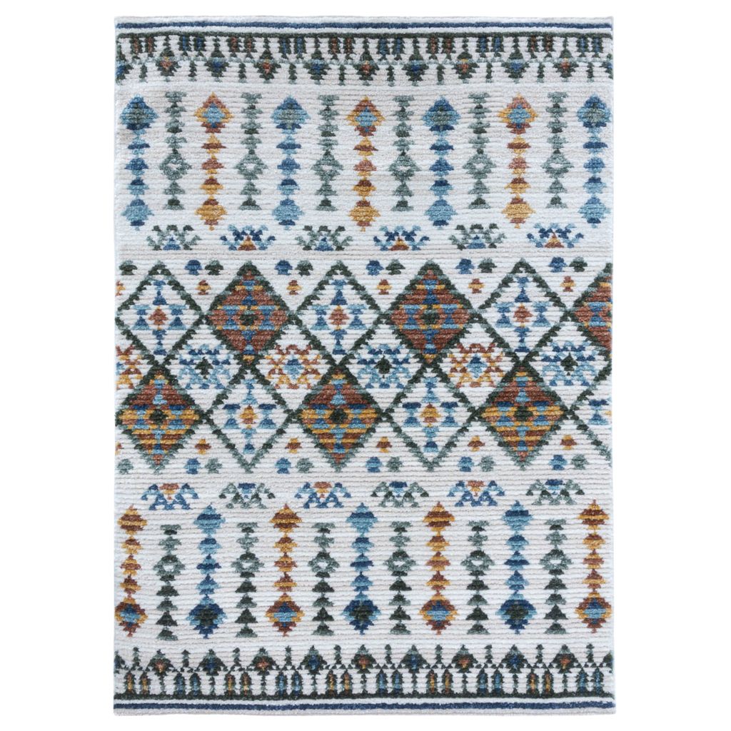 Patterned rug with geometric design on a white background