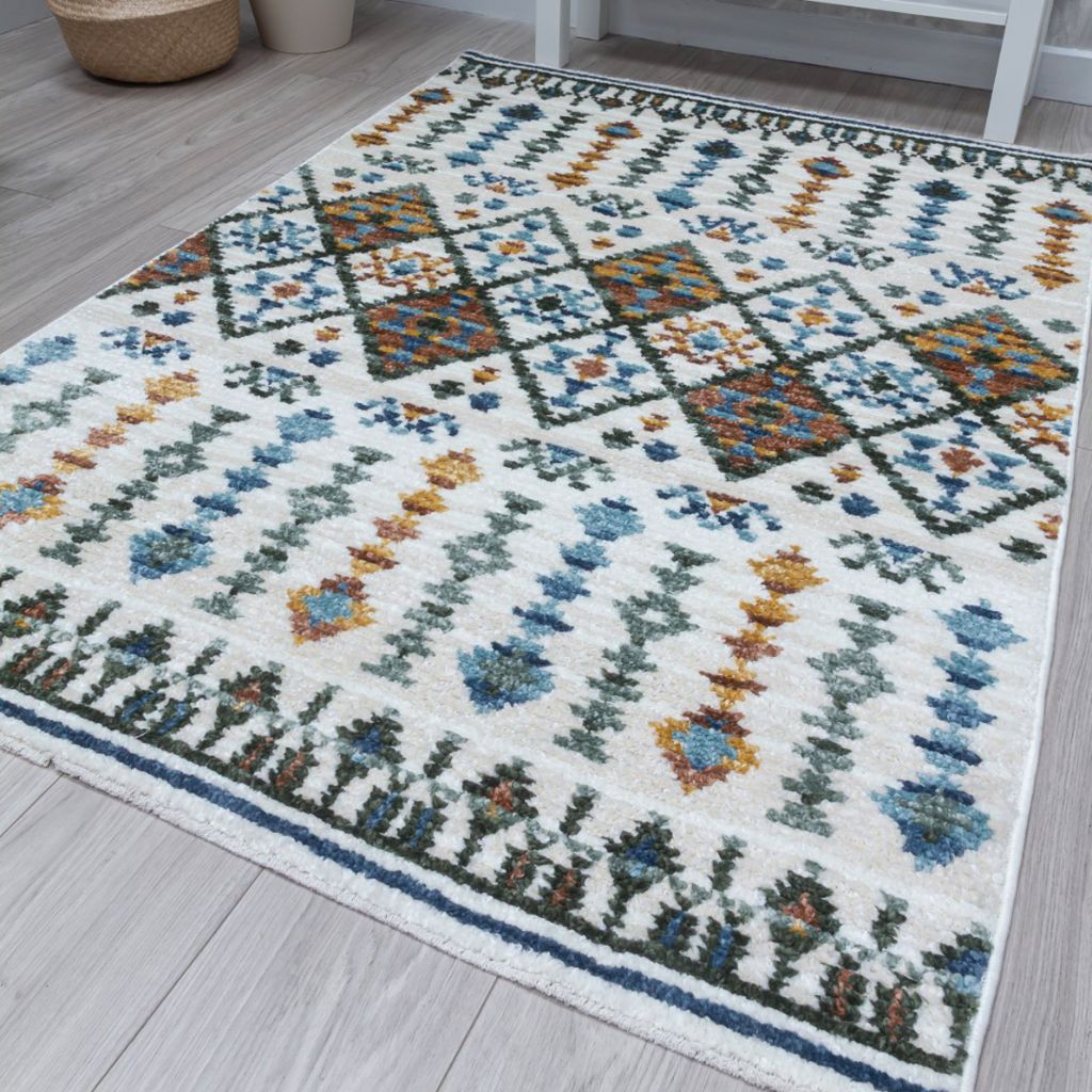 Decorative rug with geometric pattern on a wooden floor