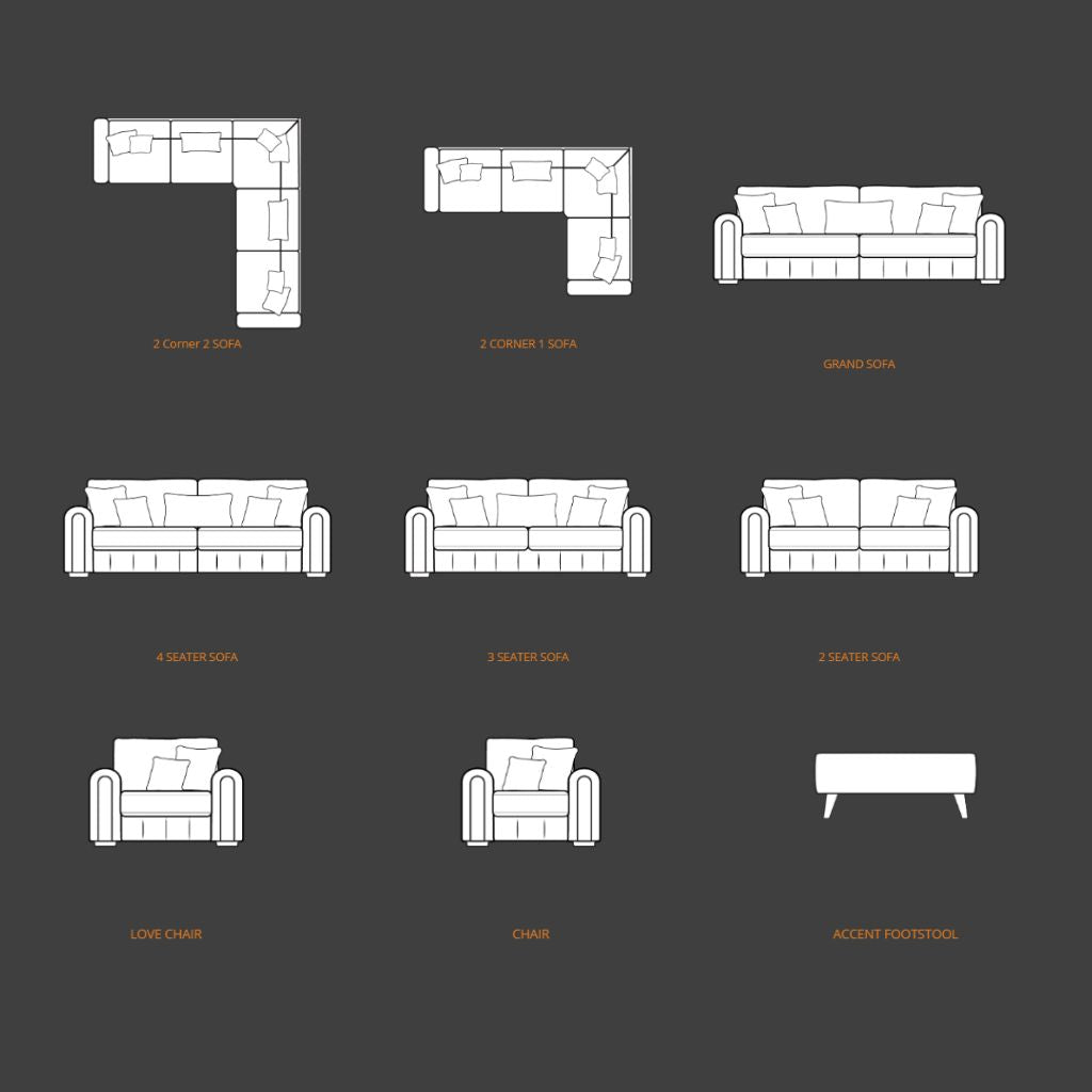Picture illustrating the different seating options on the Glimmer Sofa Collection. 