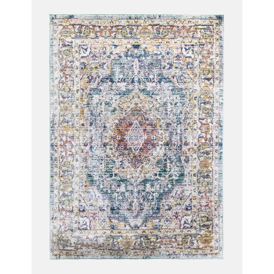 Multicolored area rug with intricate design on a white background