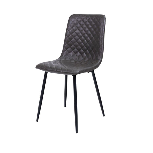 Gray quilted chair with black legs on a white background