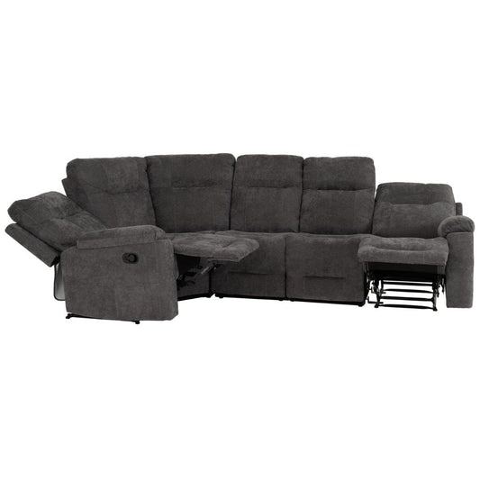 Gray sectional sofa with reclining features on a white background