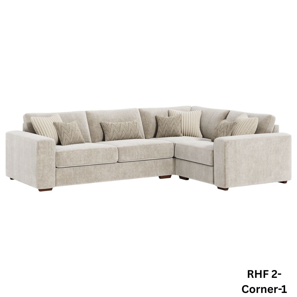 Beige sectional sofa with cushions on a white background