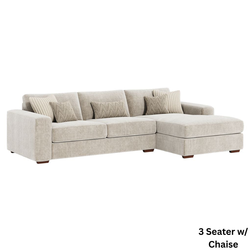 Beige sectional sofa with chaise on a white background