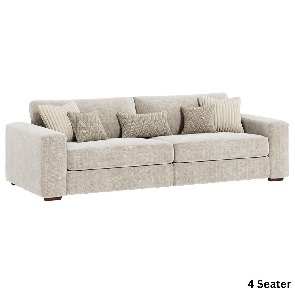 Beige sofa with patterned cushions on a white background