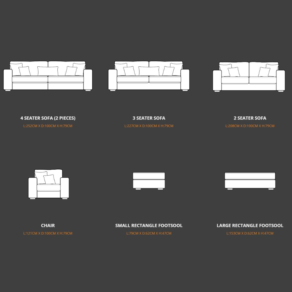 Diagram of different types of furniture with dimensions on a dark background