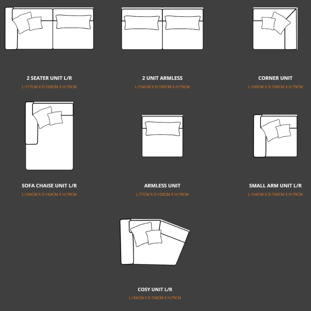 Diagram of various sofa configurations with dimensions on a dark background