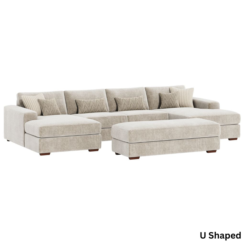 Beige U-shaped sectional sofa with cushions on a white background