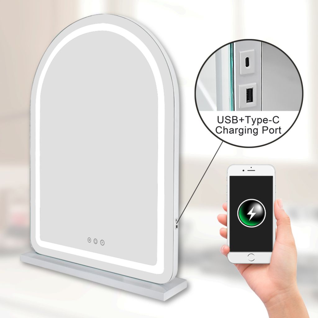 Lighted makeup mirror with a hand holding a phone showing charging status, emphasizing USB and Type-C charging ports.