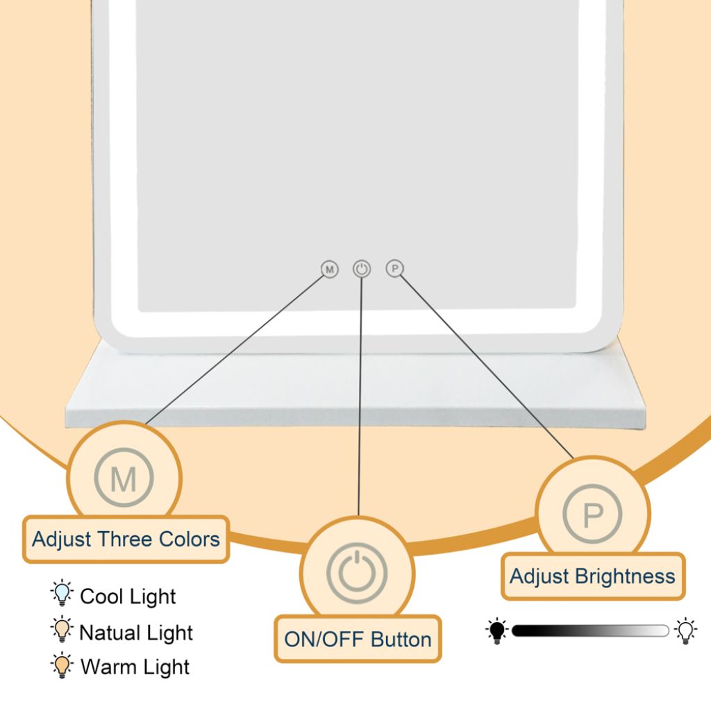 Diagram of a light fixture with labeled controls for adjusting light color and brightness.