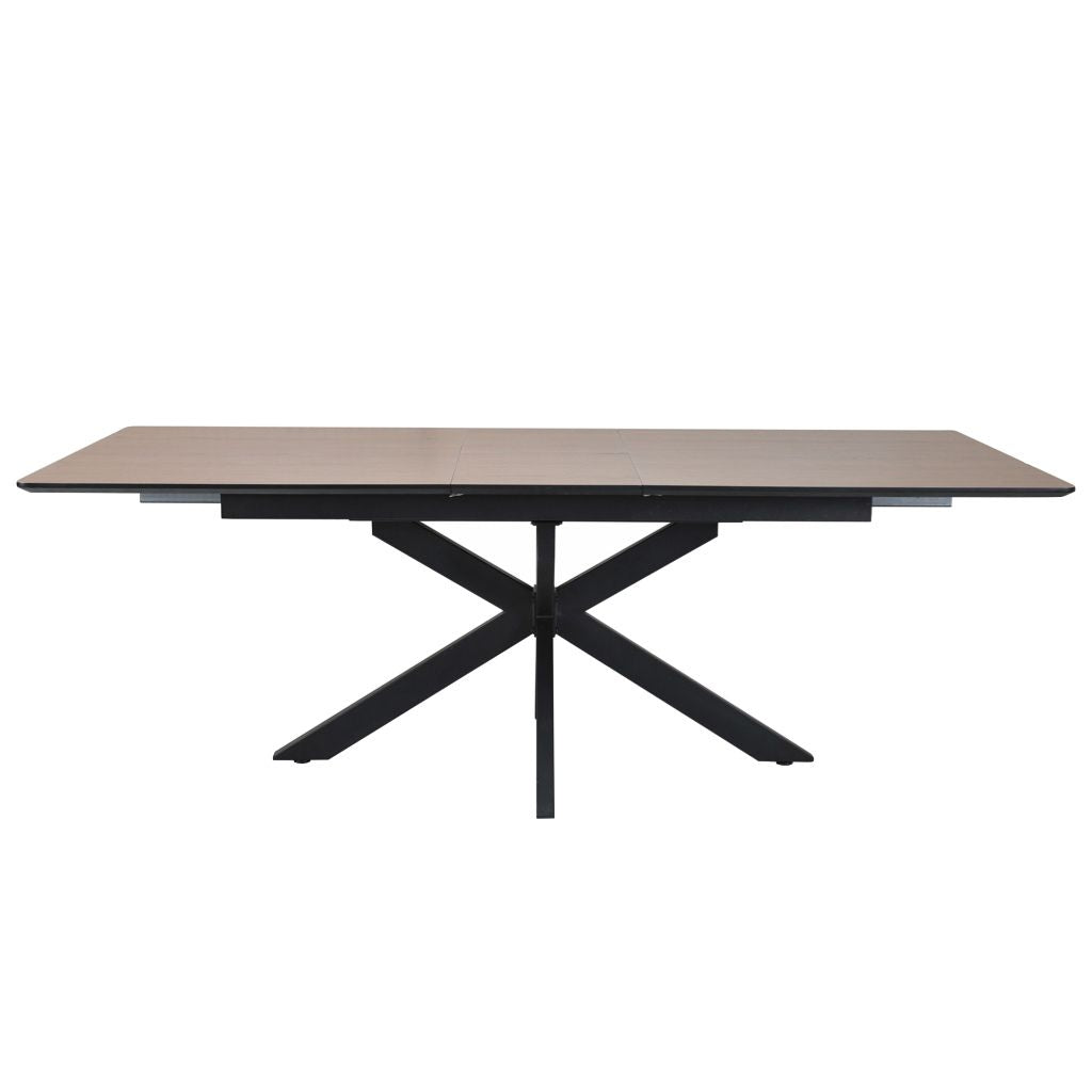 Rectangular table with a wooden top and black metal legs on a white background