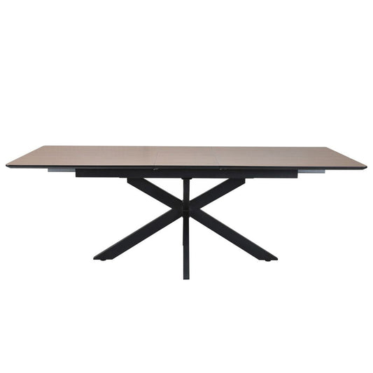 Rectangular table with a wooden top and black metal legs on a white background