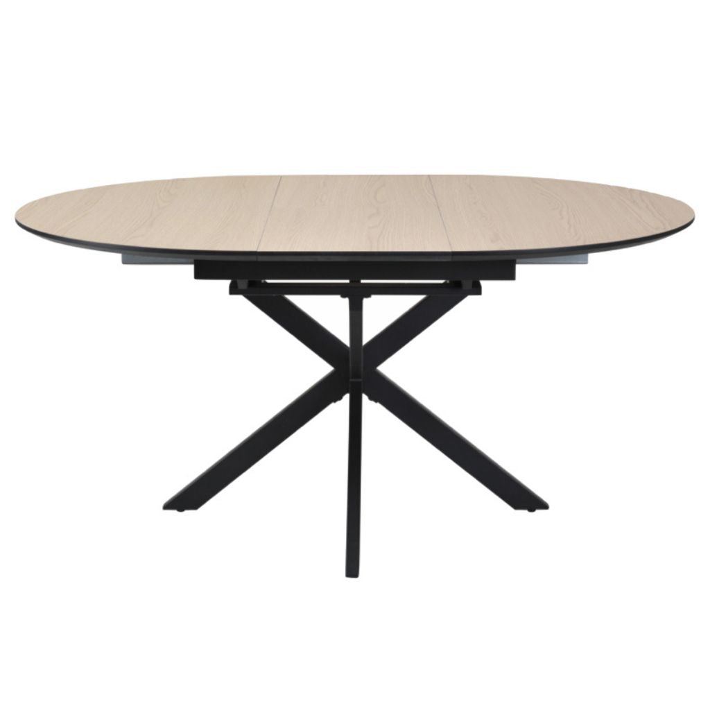 Round table with a oak top and black metal legs on a white background