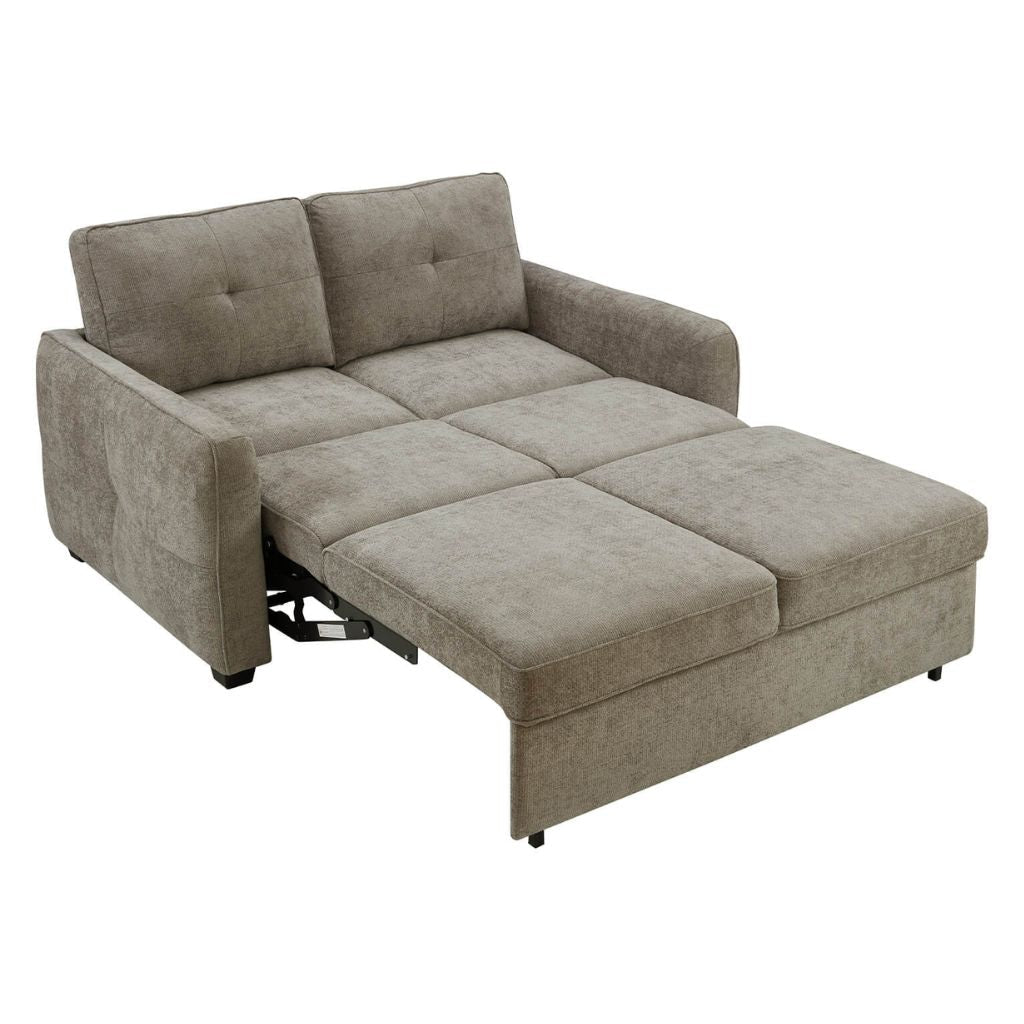 beige sofa bed with easy to use pull feature ion transform into a comfy bed.