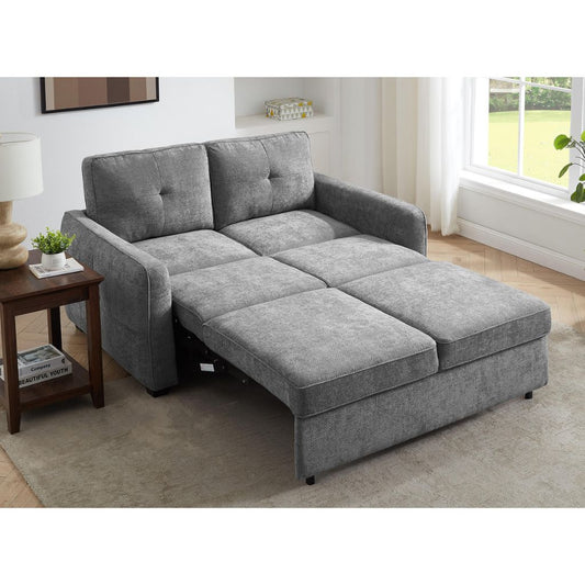 A grey chenille fabric sofa bed with easy pull forward conversion.