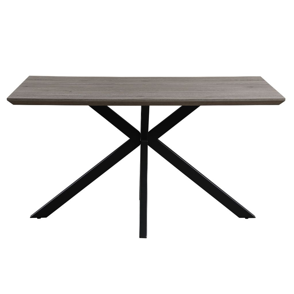 Rectangular table with a wooden top and black metal legs on a white background