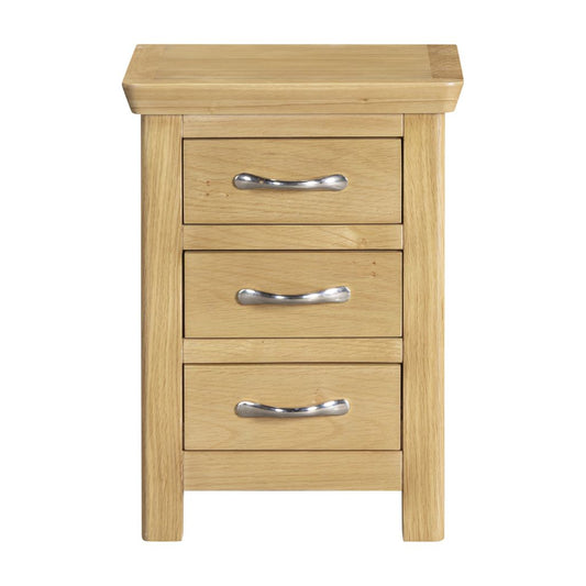 Wooden nightstand with three drawers and metal handles on a white background