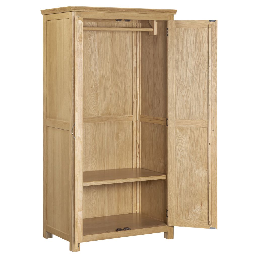 Wooden wardrobe with open doors on a white background