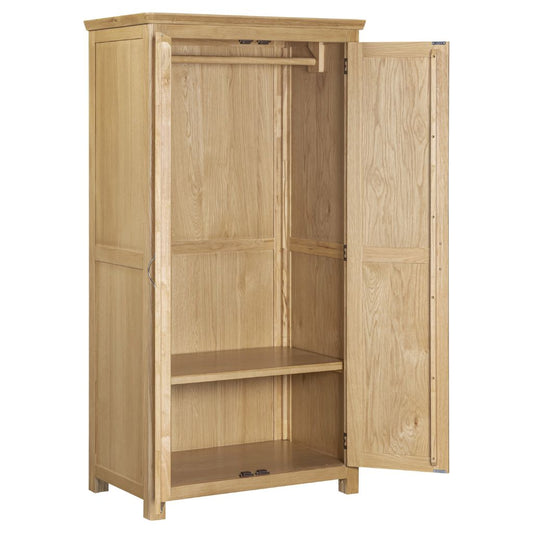 Wooden wardrobe with open doors on a white background