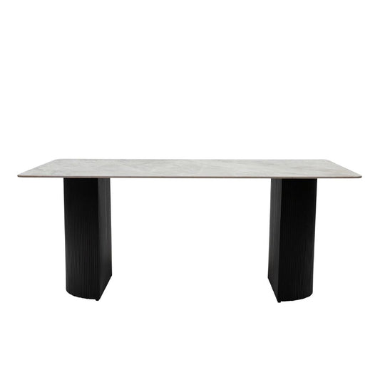 Rectangular table with a light gray top and black legs on a white background
