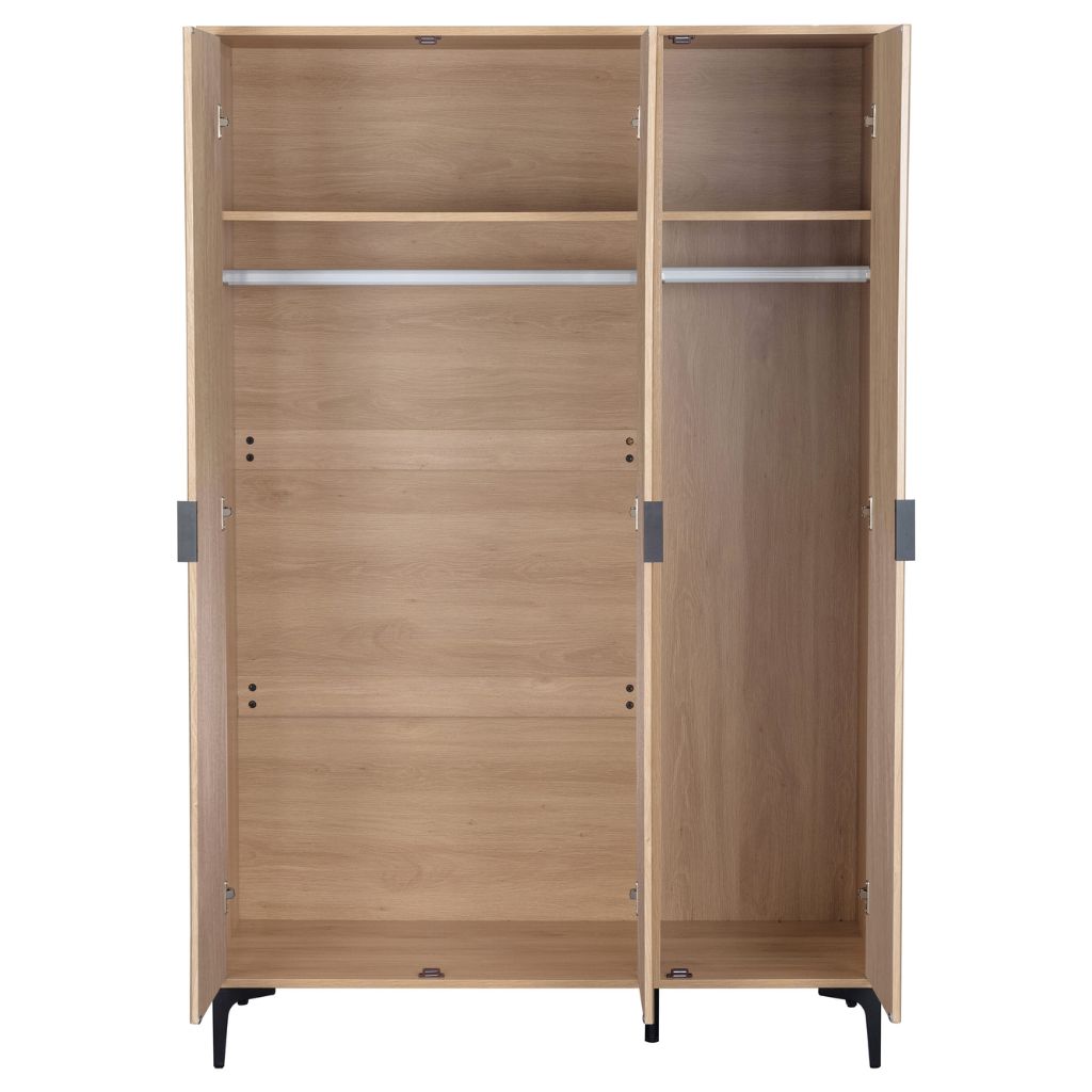 Wooden wardrobe with open doors on a white background