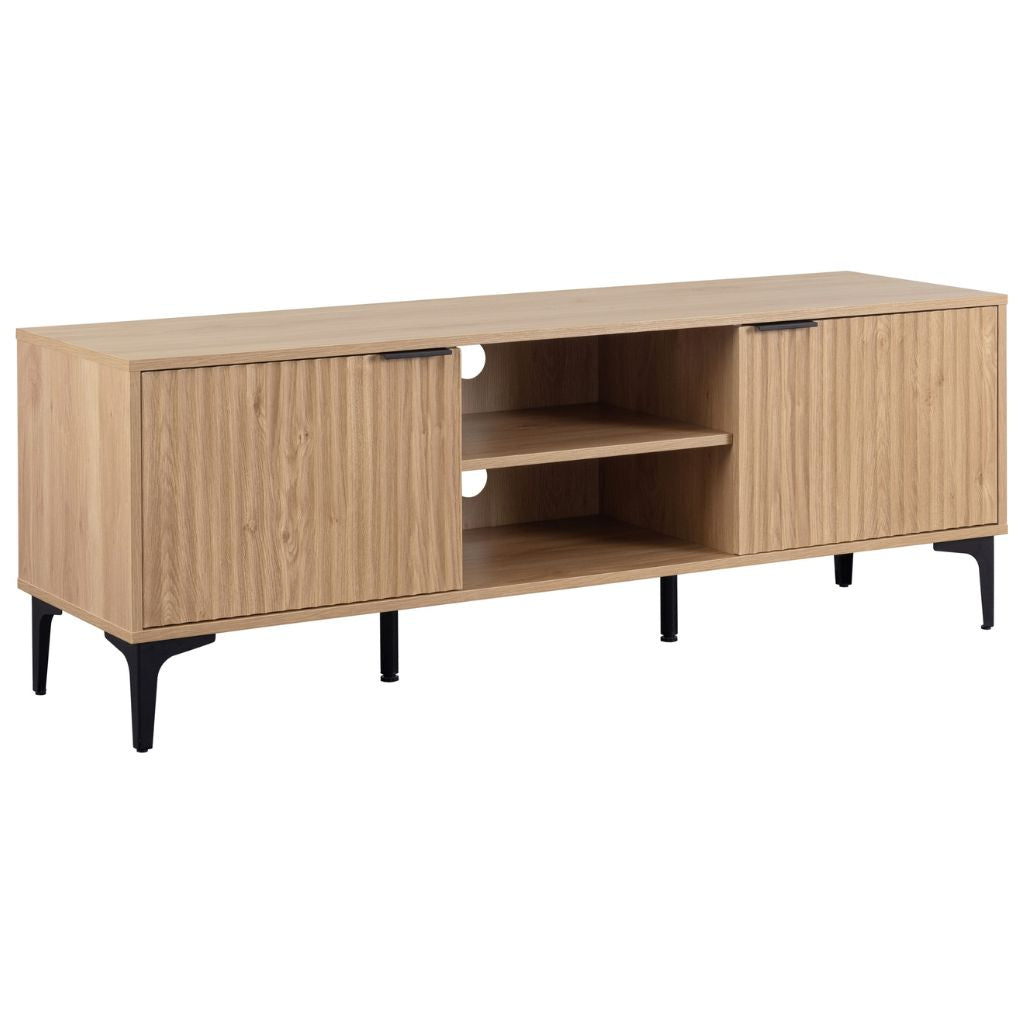 Wooden TV stand with black legs on a white background
