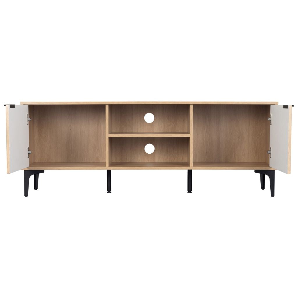 Wooden entertainment console with open doors on a white background