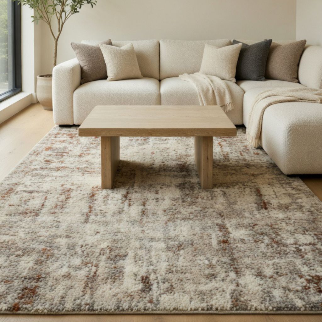 Cream patterned rug in living room.