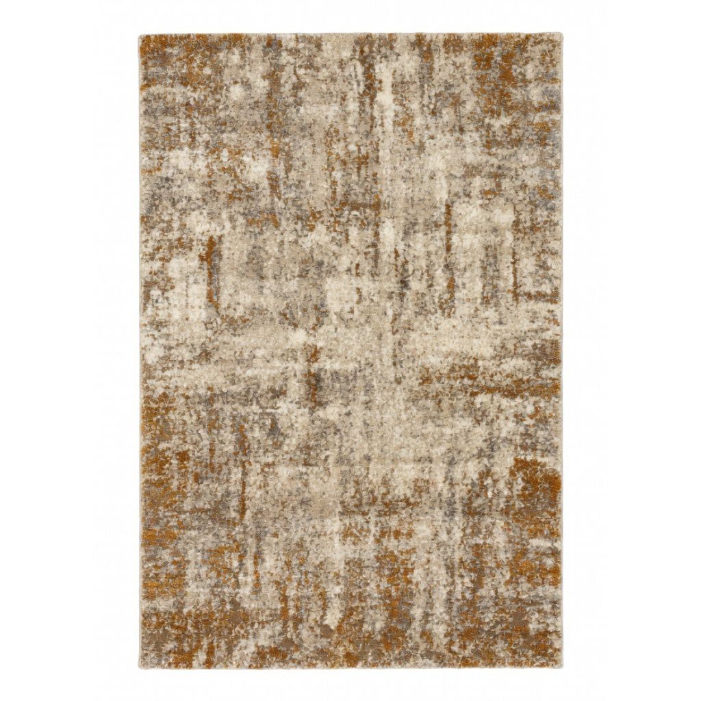 Abstract patterned rug with brown and beige colors on a white background