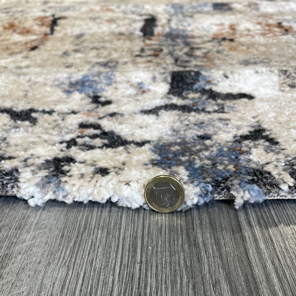 Close-up of a textured rug with a coin to show rug depth