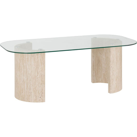 Glass-top coffee table with wooden base on a white background