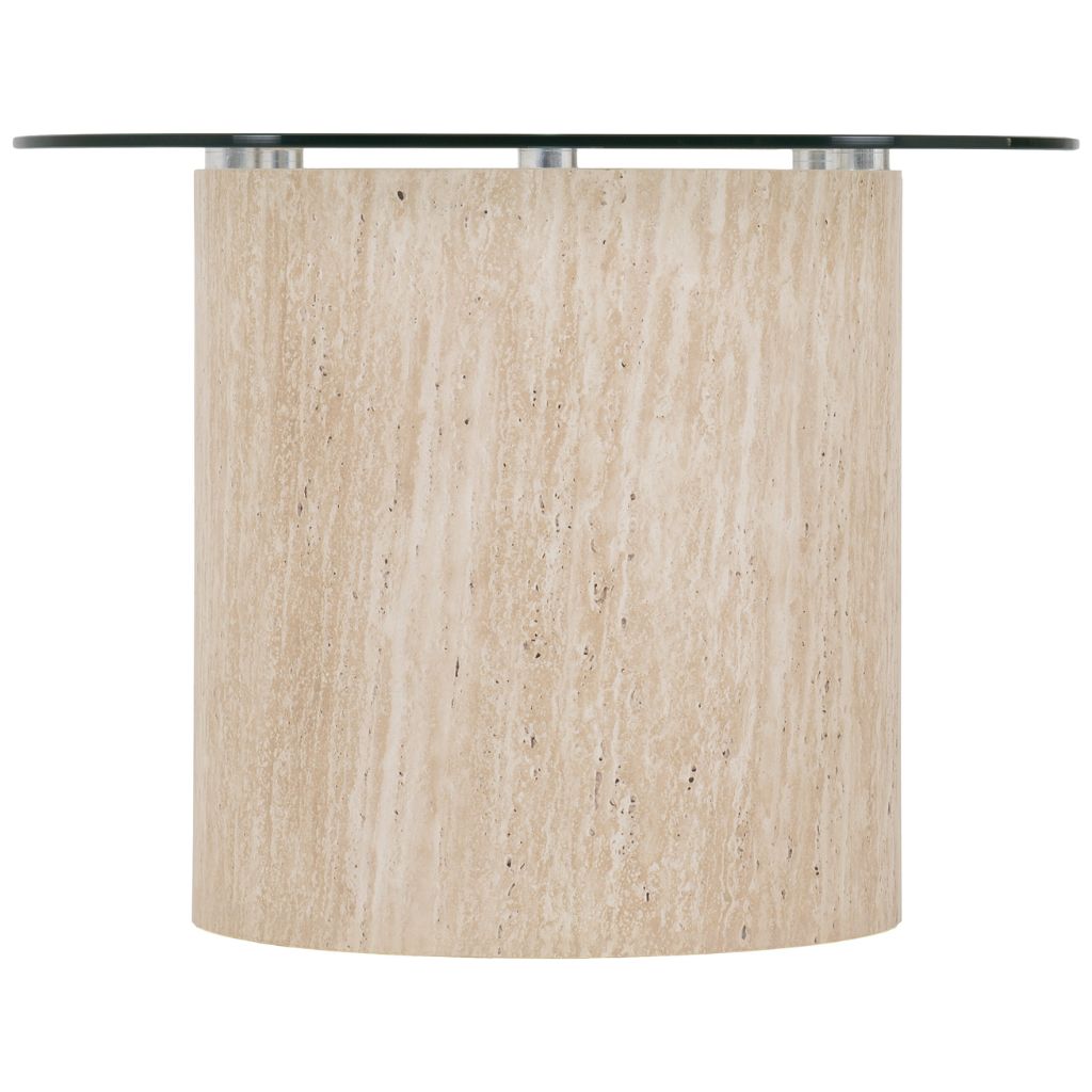 Round glass-top table with a beige wooden base on a white background