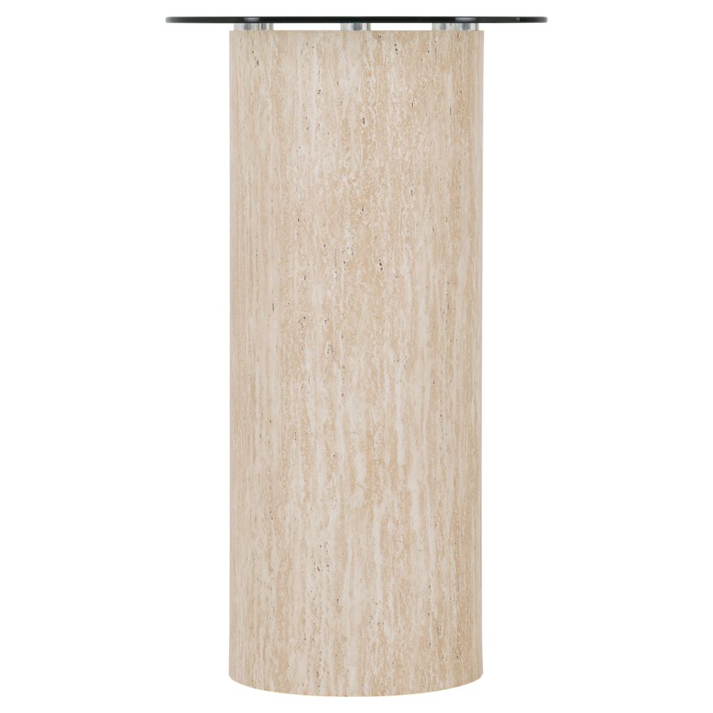 Beige cylindrical table leg with a glass top on a white background
