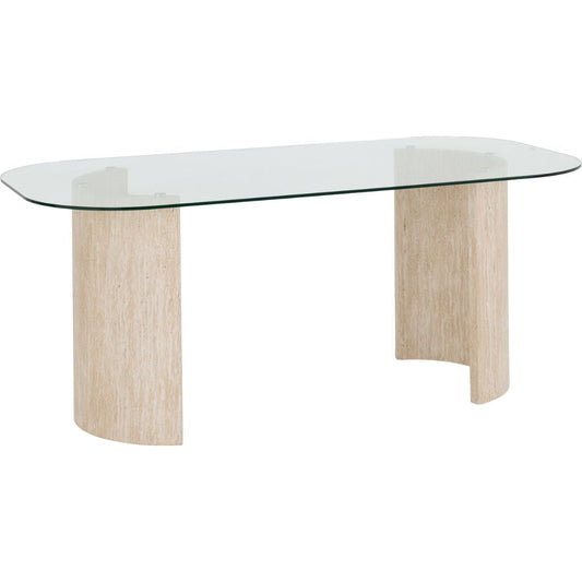 Glass-top dining table with wooden legs on a white background