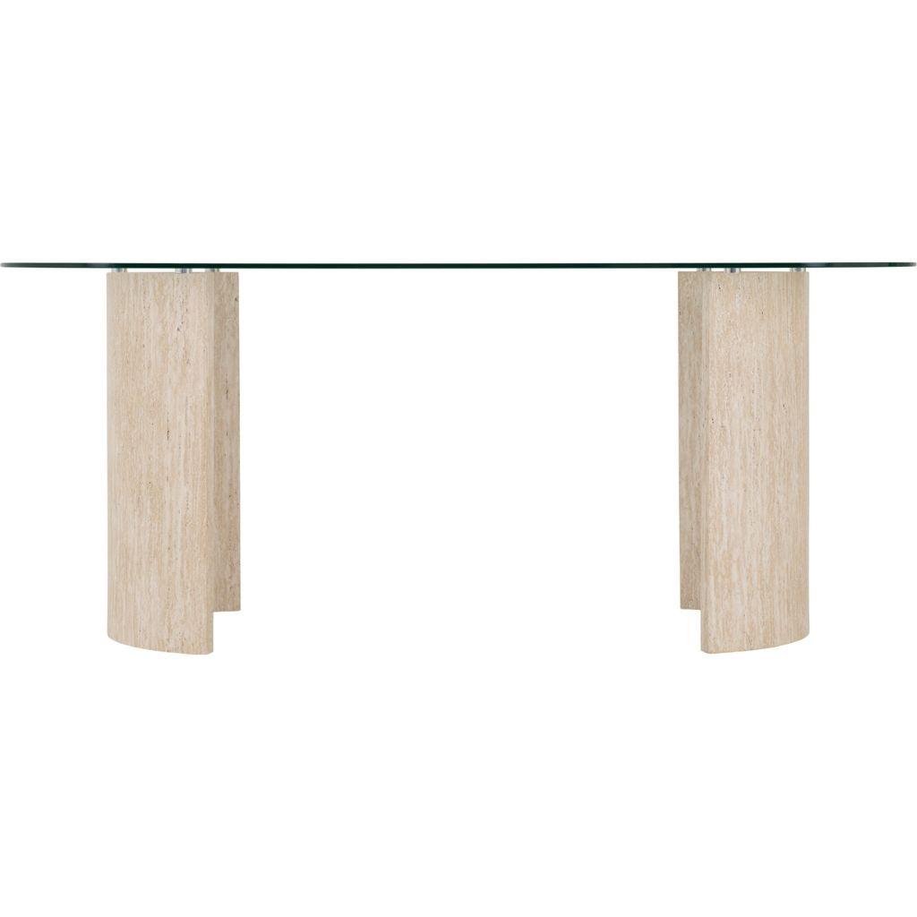 Glass dining table with wooden legs on a white background