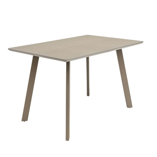 Light grey toned dining table with four legs on a white background