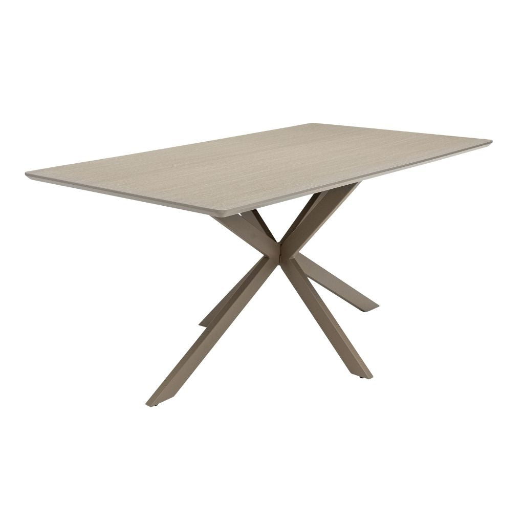 Grey dining table with a modern design on a white background