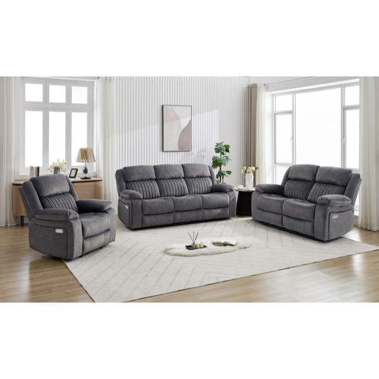 Gray sofa set in a living room with wooden floor and large windows.