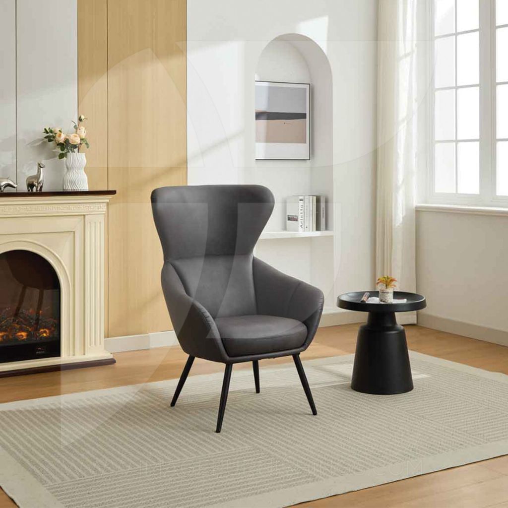 Grey fabric accent chair with cool angled high backrest