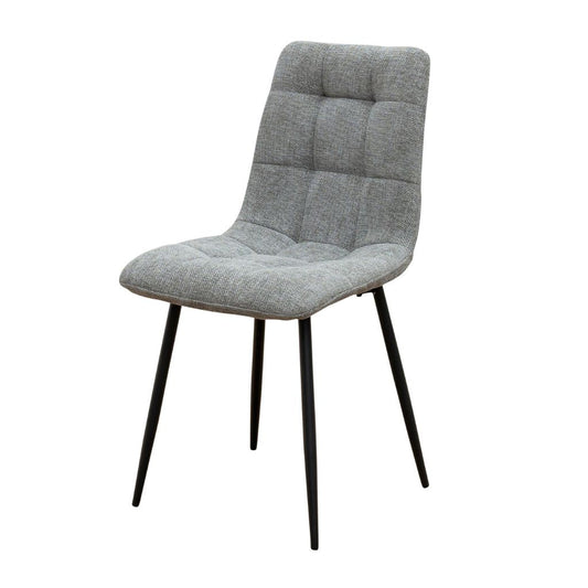 Grey upholstered chair with black legs on a white background