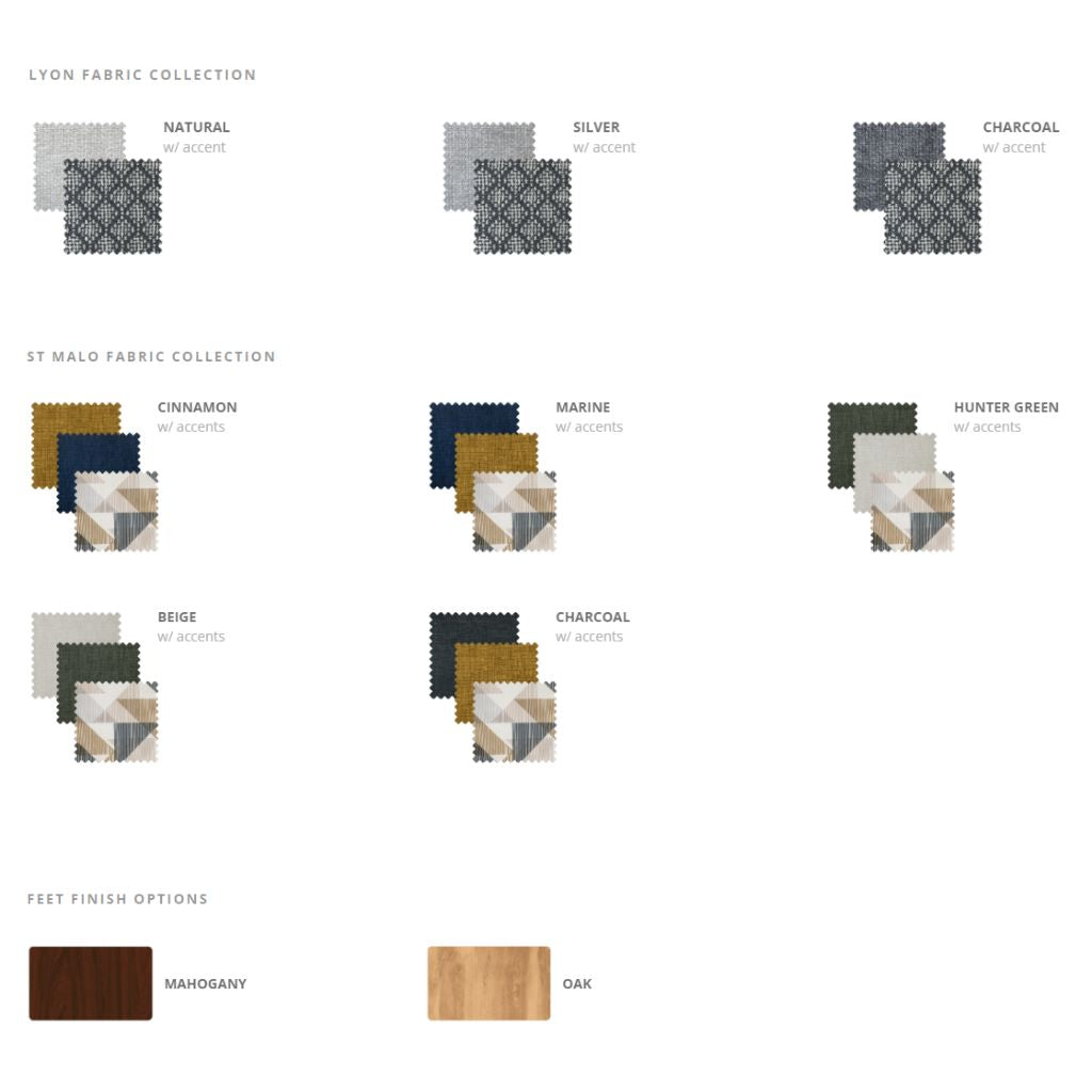 Fabric swatch chart with various color options and finishes.