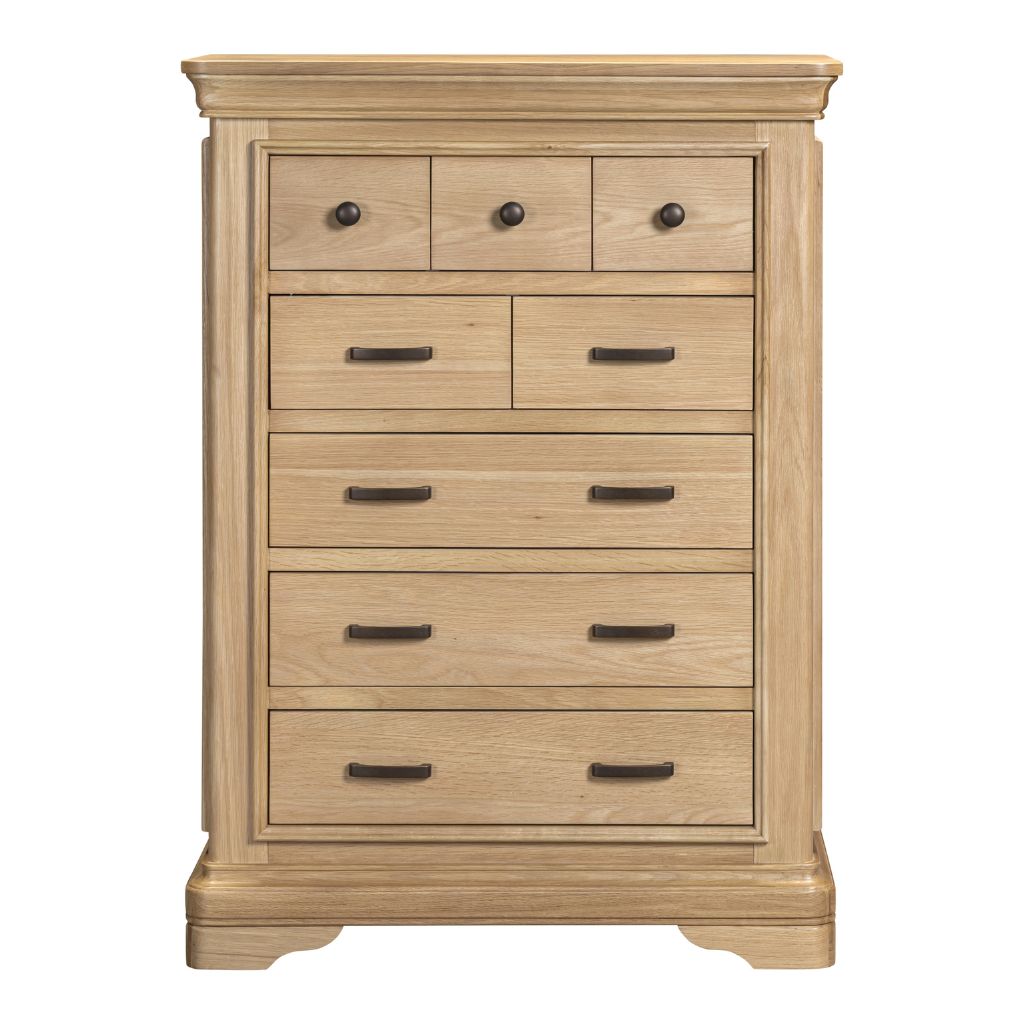 Wooden dresser with multiple drawers on a white background