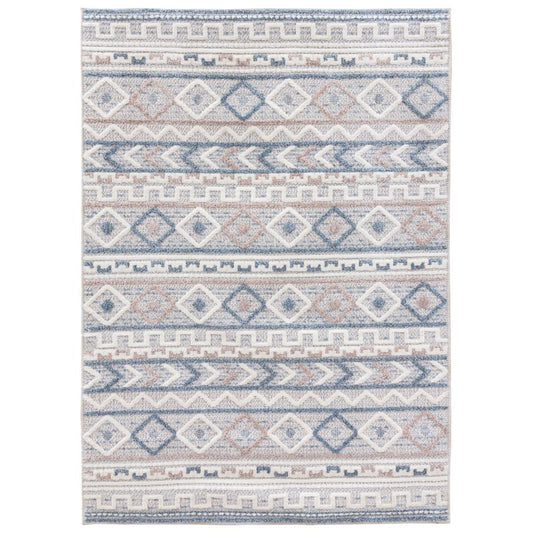 Patterned rug with geometric design on a white background