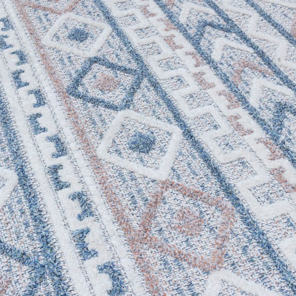 Close-up of a textured rug with geometric pattern