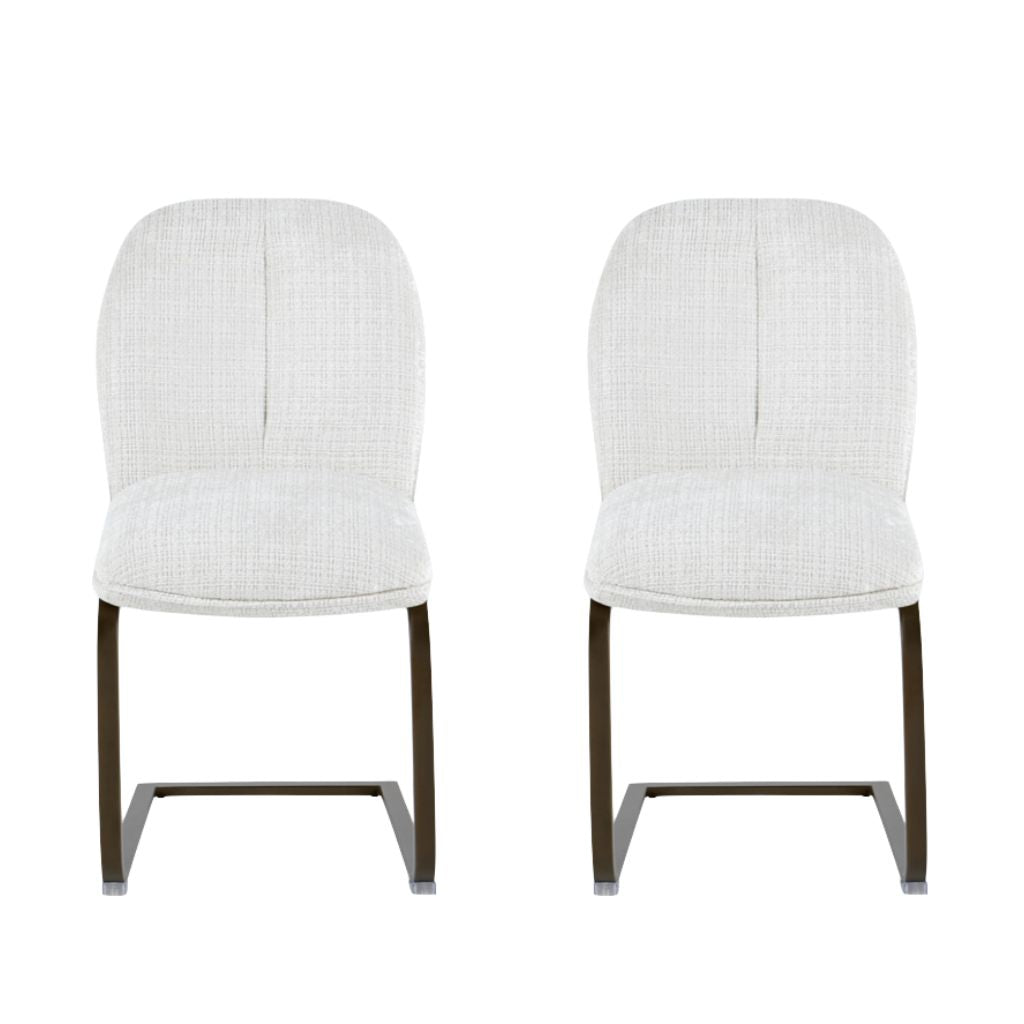 Two white upholstered chairs with metal legs on a white background