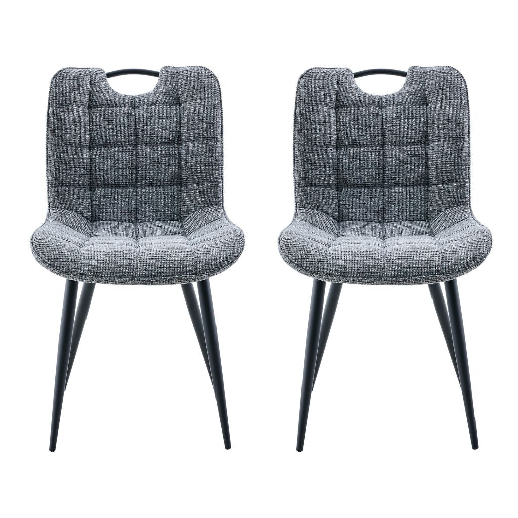 Two gray upholstered chairs with black legs on a white background