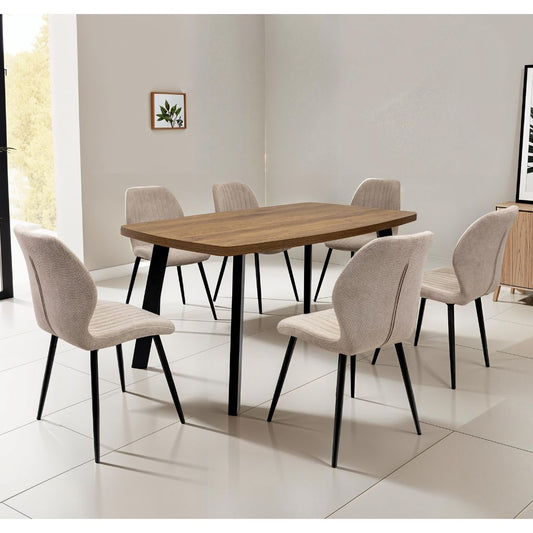 Panni 1.6m Dark Oak Dining Table + 6 Corato Stone Fabric Dining Chairs