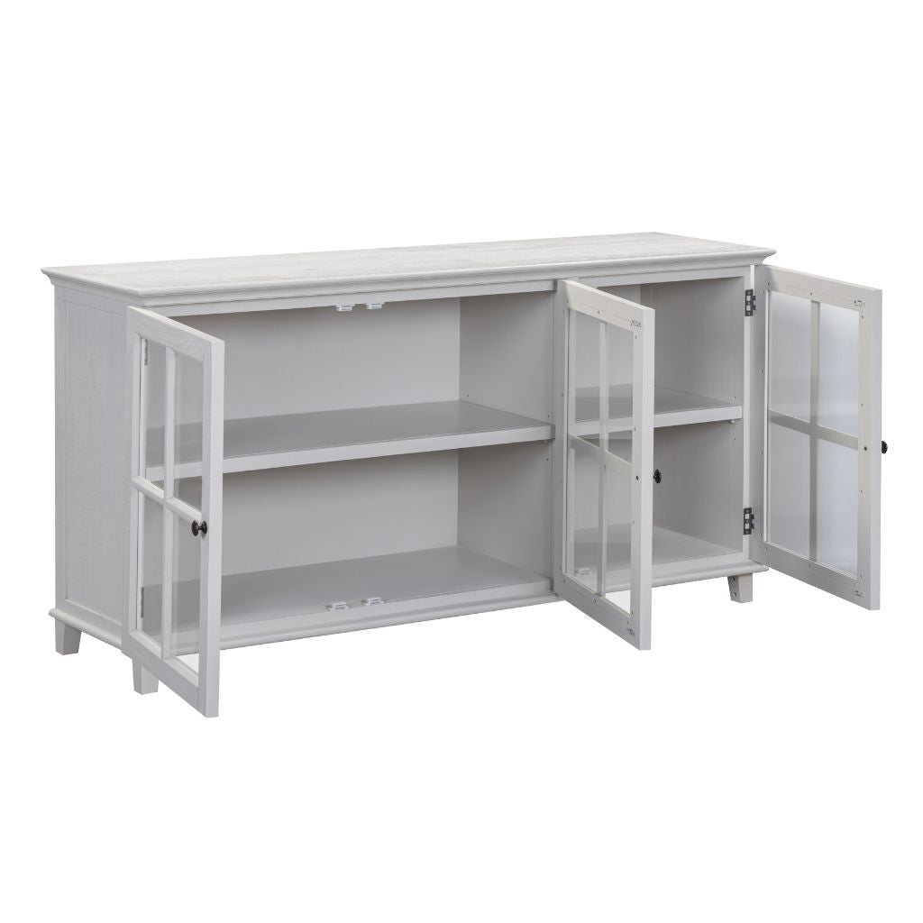 beige 3 door sideboard with glass doors and shelves inside