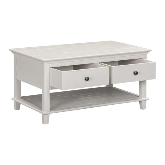Beige coffee table with two drawers on a white background